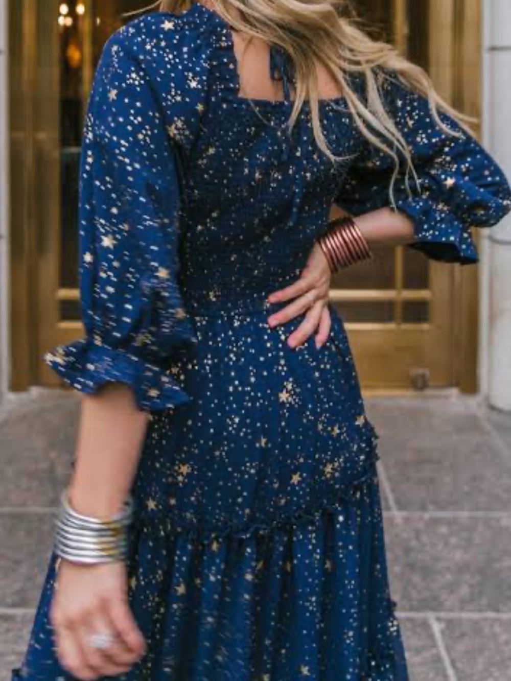 Ivy City Co Navy Star-Print Tiered Midi Dress